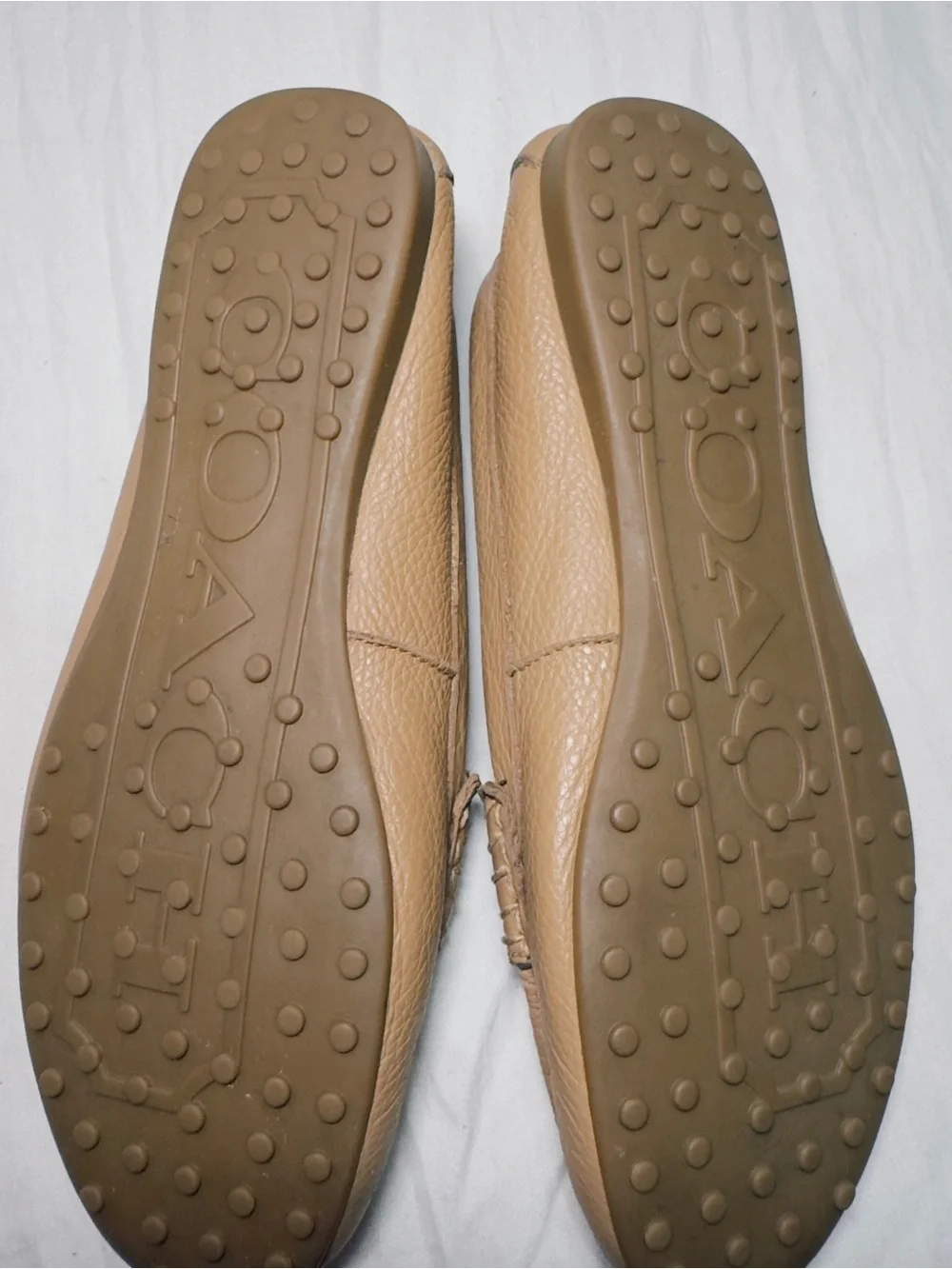 COACH Tan Pebbled Leather Penny Loafers with Gold Plaque